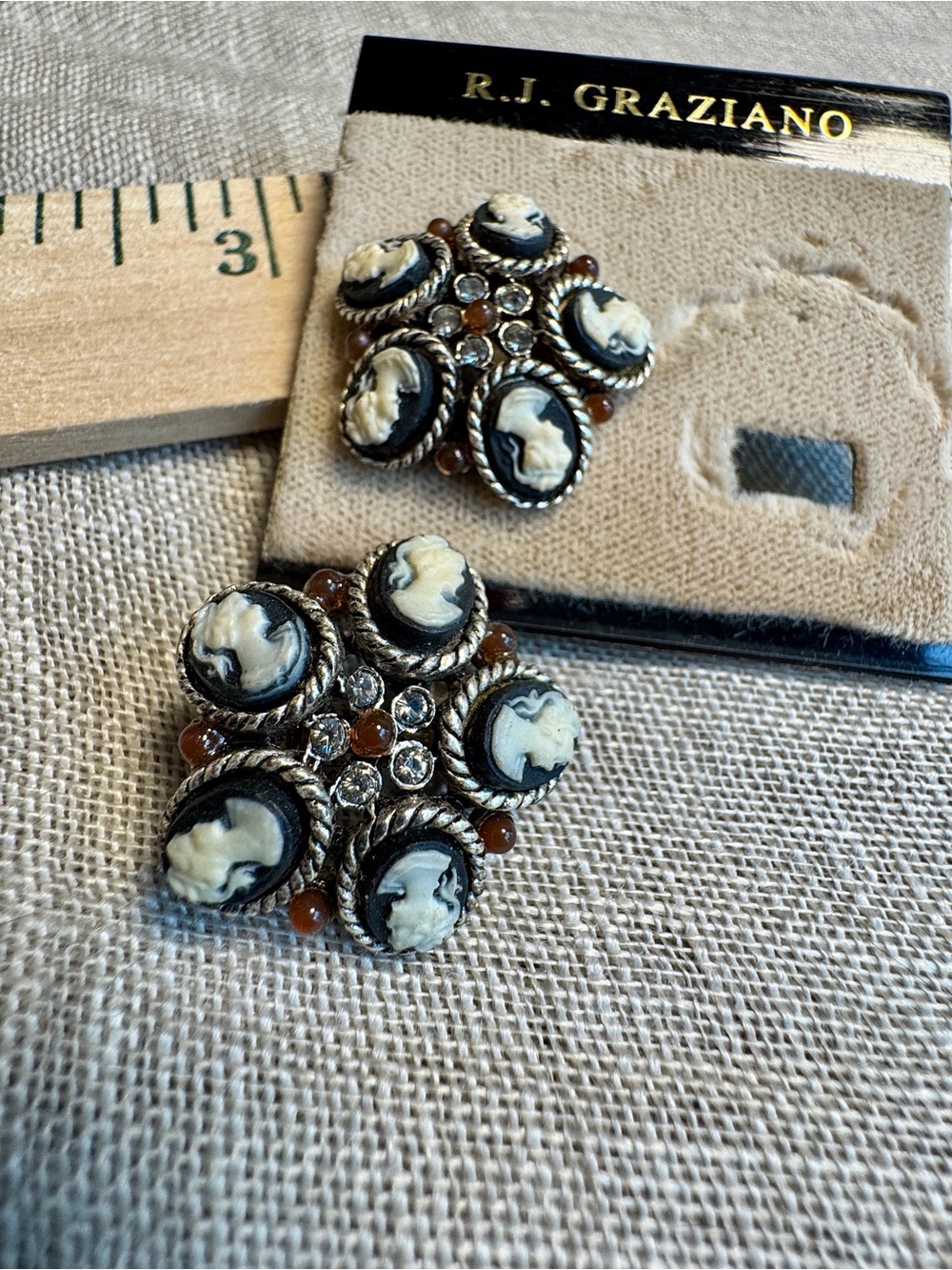 Vintage RJ Graziano Silver and Black Cameo Clip Earrings w/Carnelian & Crystal